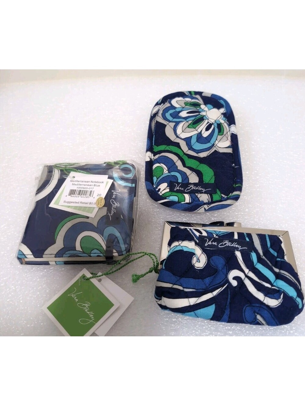 Vera Bradley Lot Mediterranean Blue Coin Purse Glass Case & Notebook
